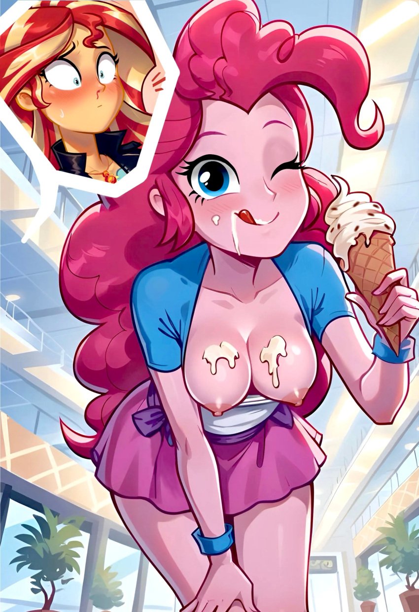 ai_generated breasts clothing equestria_girls friendship_is_magic ice_cream lesbian my_little_pony nosebleed pinkie_pie_(eg) pinkie_pie_(mlp) suggestive_eating sunset_shimmer sunshimm_supremacy_ai teasing winking