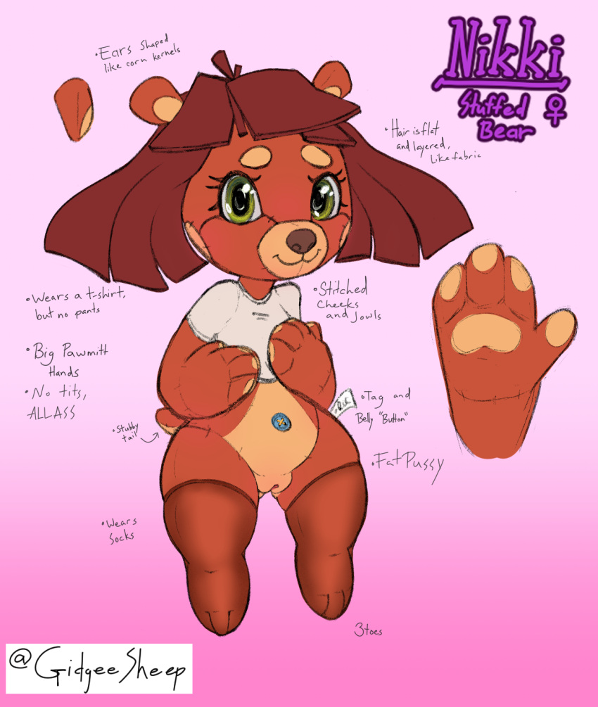 animate_inanimate anthro bear bottomless brown_body clothed clothing english_text female flat_chested genitals gidgeesheep gradient_background green_eyes hi_res legwear living_plushie mammal model_sheet multicolored_body nikki_(disambiguation) plushie pussy simple_background solo stockings tag_(disambiguation) text two_tone_body