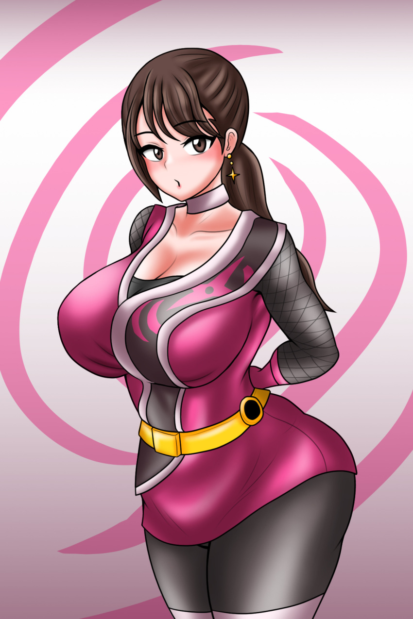 1girls alluring big_breasts bodysuit brown_eyes brown_hair earrings jewelry momochi_kasumi no_headwear pin_up shuriken_sentai_ninninger super_sentai treezero