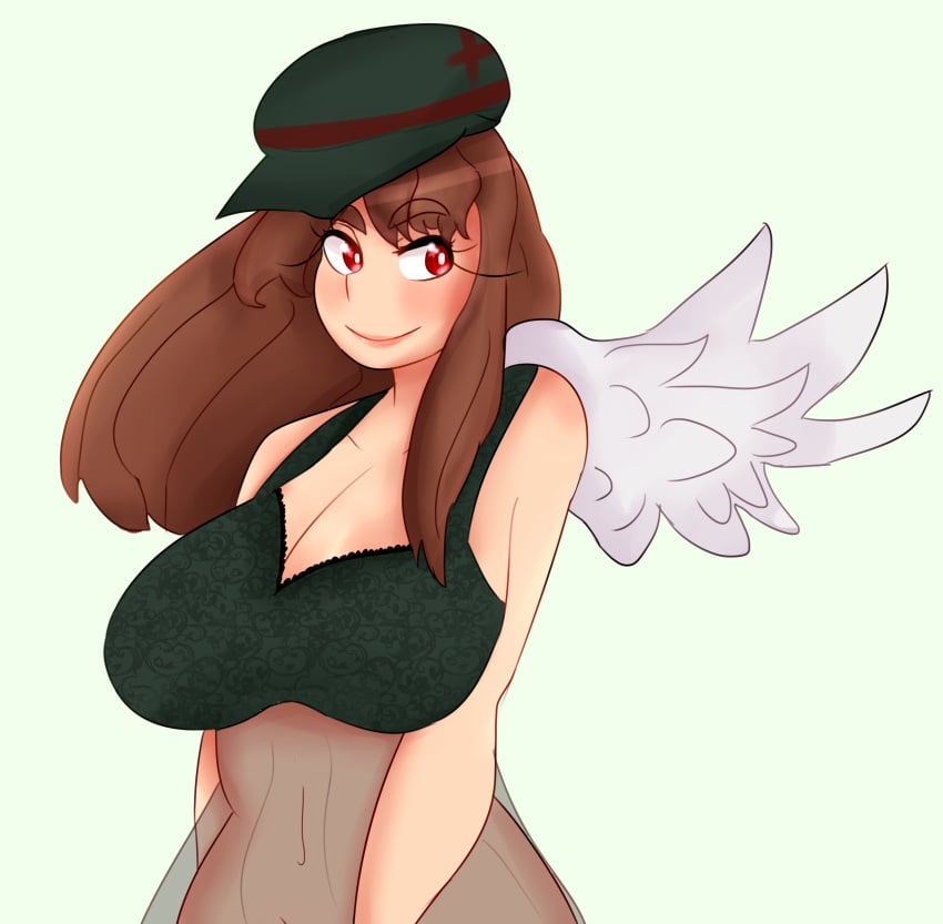 1girls 2018 angel_girl angel_wings beret breasts brown_hair cleavage funamusea green_bra green_hat huge_breasts looking_to_the_side macarona red_eyes smile solo solo_female the_gray_garden ub_(artist) wings