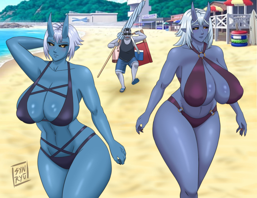 1boy 1boy2girls 1boys 1male 2girls 2girls1boy artist_name beach blue_skin blue_skinned_female character_request male milf multiple_girls original_character sole_male swimsuit swimwear syn_ryuu tagme_(character) watermark