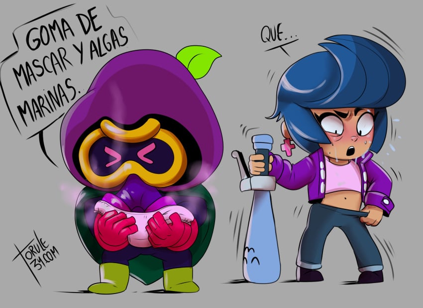 1boy 1girls bat bibi_(brawl_stars) big_breasts brawl_stars comic comics cordelius_(brawl_stars) gas_mask gloves lore mask masked pantsu smelling sniffing spanish_text text torule34 underwear