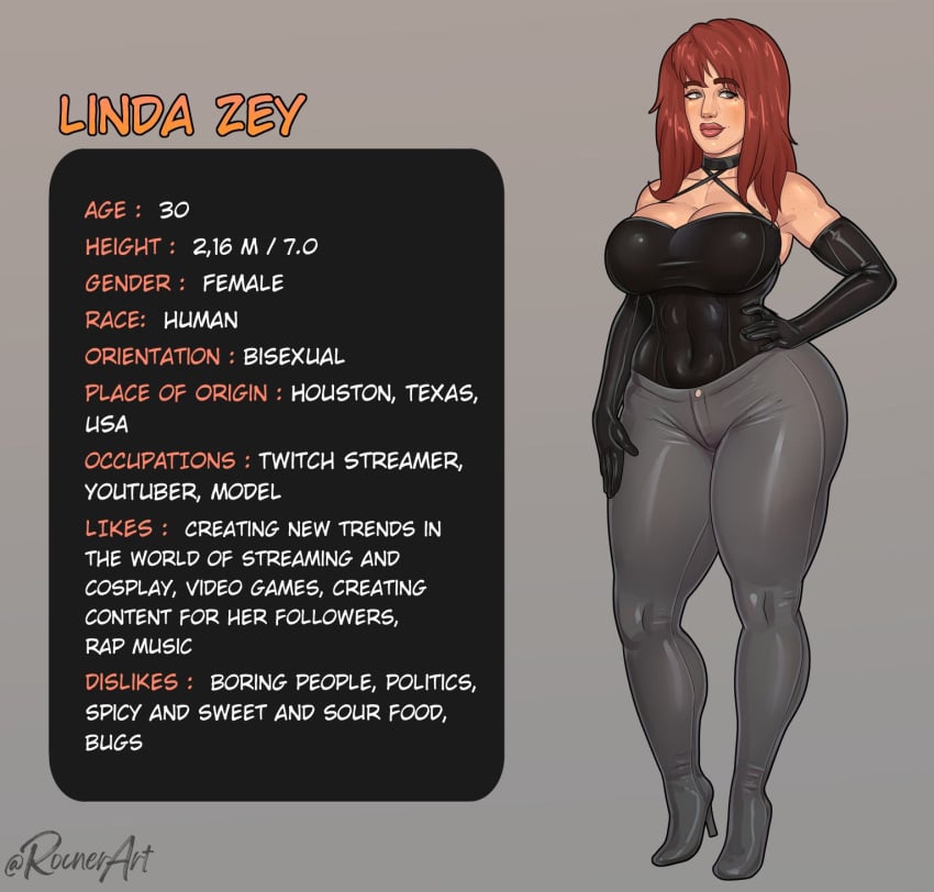 1girls ass big_ass big_breasts biography breasts character_profile clothed clothing female female_only light-skinned_female linda_zey_(rocner) mature_female measurements milf original original_character red_hair rocner solo standing stats text thick_thighs uncensored wide_hips