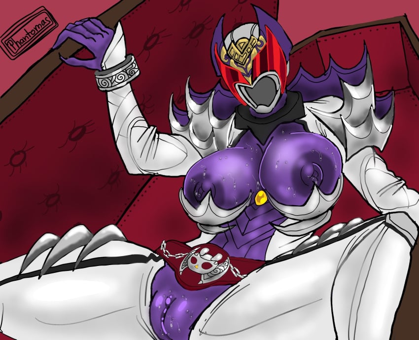 armored_female coffin exposed_breasts exposed_pussy kamen_rider kamen_rider_decade_(series) kamen_rider_kivala large_breasts masked_female phantomas(artist) purple_body purple_nipples purple_pussy sweat