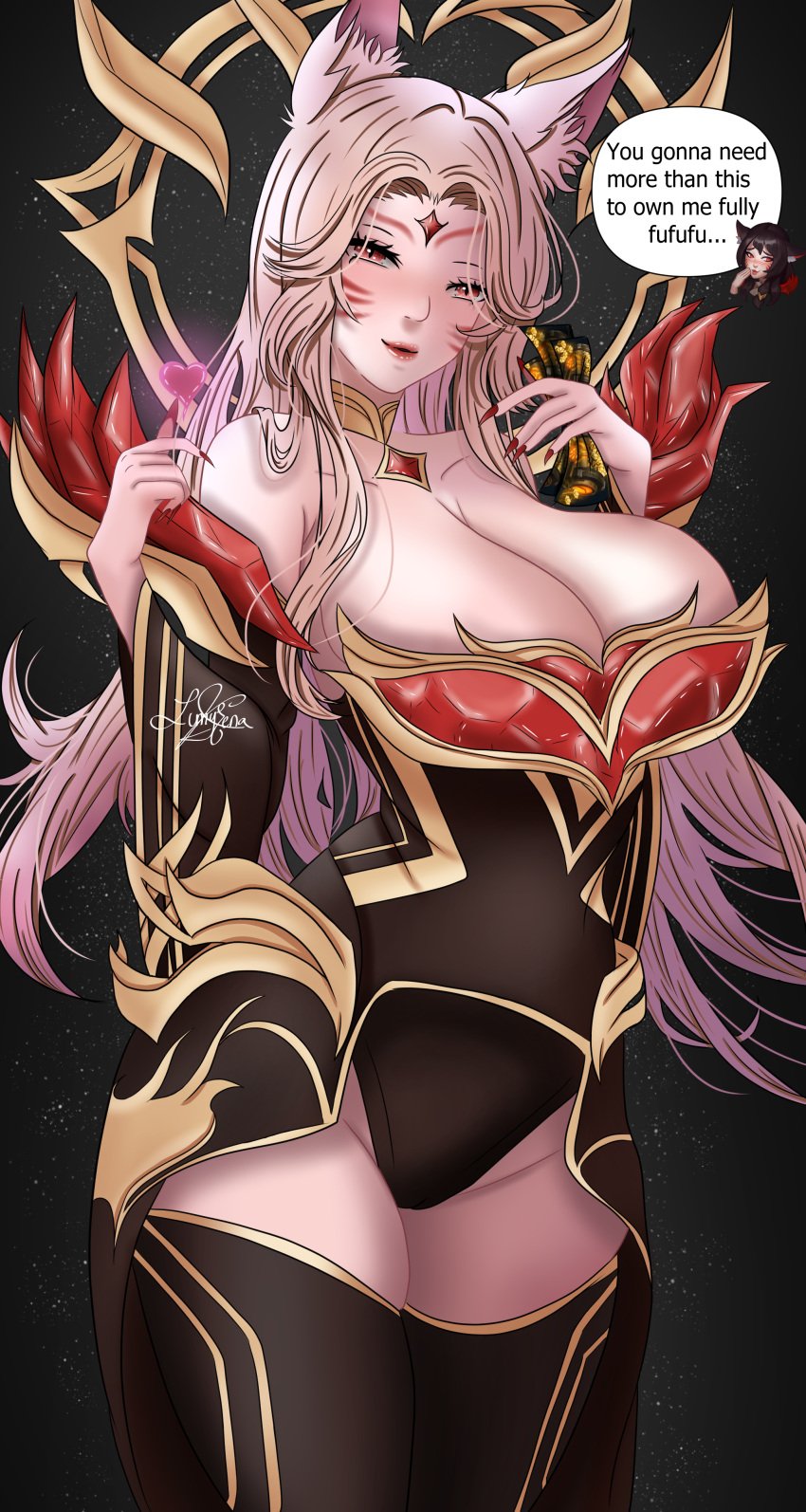 ahri animal_ears armor big_breasts blonde_hair breasts crystal face_markings faker_ahri fox_ears fox_girl immortalized_legend_ahri jewelry league_of_legends lunyfera(artist) meme mommy ornament payment questionable skin thighs