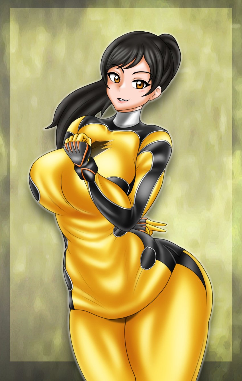 1girls alluring big_breasts black_hair bodysuit brown_eyes juuken_sentai_gekiranger no_headwear pin_up super_sentai treezero uzaki_ran