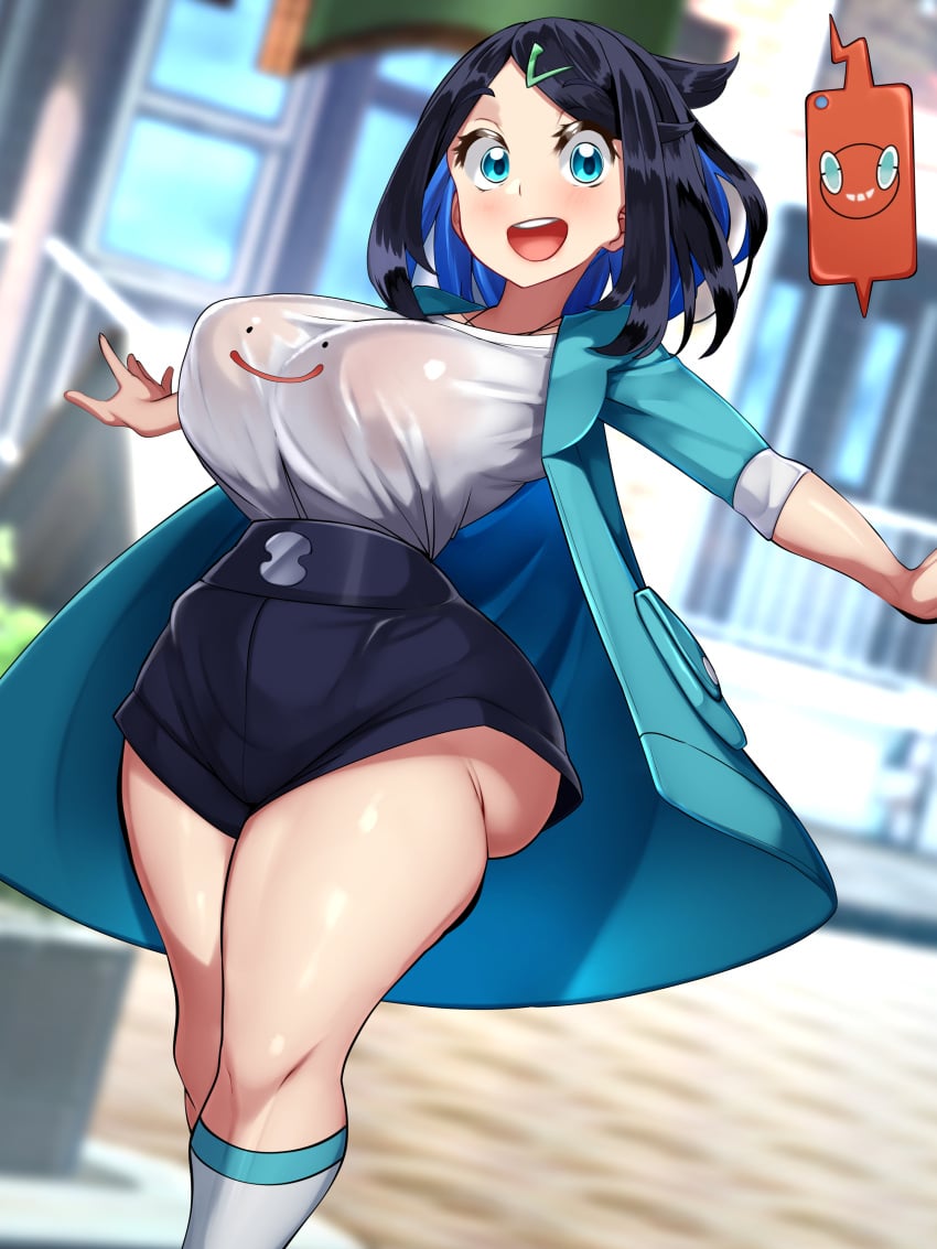 1girls aged_up big_ass big_breasts big_butt blue_eyes dark_hair ditto ditto_(pokémon) ditto_clothing jacket jacket_open kawahagitei liko_(pokemon) living_clothes pokemon pokemon_(anime) pokemon_(species) pokemon_horizons rotom rotom_phone shortstack skirt translucent_clothing