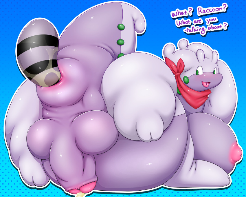 absurd_res almost_fully_inside anal anal_vore anthro anus balls bboing belly big_belly big_penis bodily_fluids breasts cum cum_on_penis english_text feral generation_6_pokemon genital_fluids genitals goodra gynomorph head_first hi_res huge_cock humanoid_genitalia humanoid_penis hyper hyper_genitalia hyper_penis intersex looking_back lying mammal nintendo nipples on_front overweight overweight_gynomorph overweight_intersex penis pokemon pokemon_(species) procyonid puffy_anus raccoon rambley_(indigo_park) red_scarf scarf size_difference solo text vore