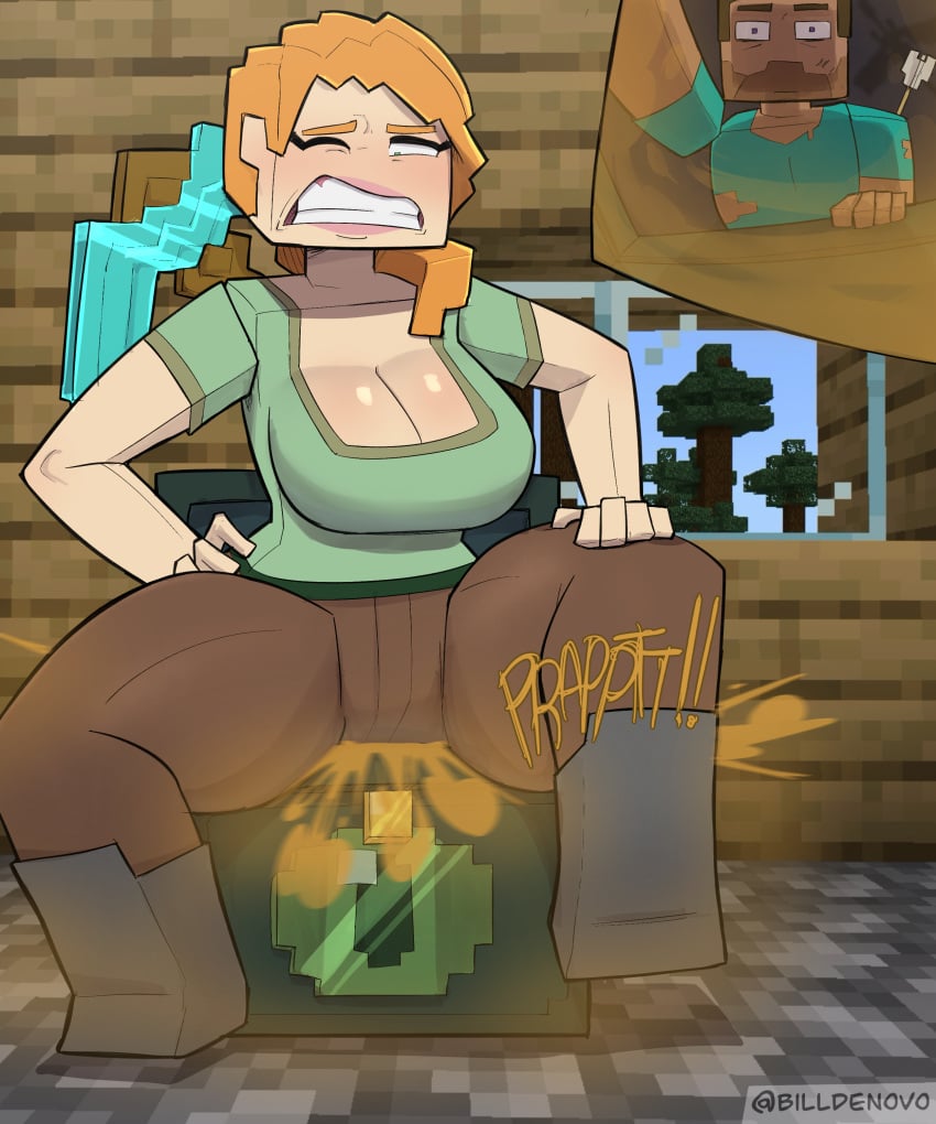 1boy 1girls alex_(minecraft) big_breasts billdenovo brainrot breasts cleavage clenched_teeth fart fart_cloud fart_fetish farting microsoft minecraft mojang sitting steve_(minecraft)