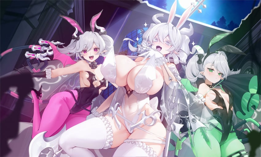 3girls :d alternate_breast_size ariane_the_labrynth_servant arianna_the_labrynth_servant ass_visible_through_thighs big_breasts blank_stare blush breasts bunny_ears bunny_girl bunnysuit cleavage curvy demon_girl detached_collar drill_hair duel_monster expressionless fake_animal_ears female female_focus female_only full_moon gloves height_difference high_heels horns huge_ass huge_breasts labrynth_of_the_silver_castle large_breasts laughing leotard looking_at_viewer lovely_labrynth_of_the_silver_castle mature_female monster_girl moon moonlight multiple_girls navel ojou-sama_pose open_mouth pale-skinned_female pale_skin pantyhose pointy_ears short_hair silver_hair slow740 small_breasts smile smug smug_face solo sparkles spiked_collar thick_thighs thighhighs twin_drills wide_hips younger_female yu-gi-oh!