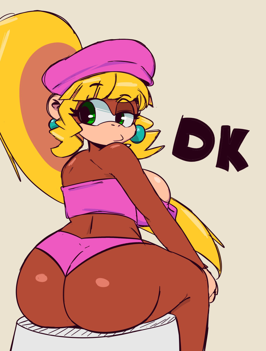 absurd_res anthro ass blonde_hair breasts brown_body clothing dixie_kong donkey_kong_(series) ear_piercing ear_ring female green_eyes hair haplorhine hat headgear headwear hi_res long_hair looking_back mammal monkey nintendo piercing ponytail primate ring_piercing simple_background sitting solo supergal64