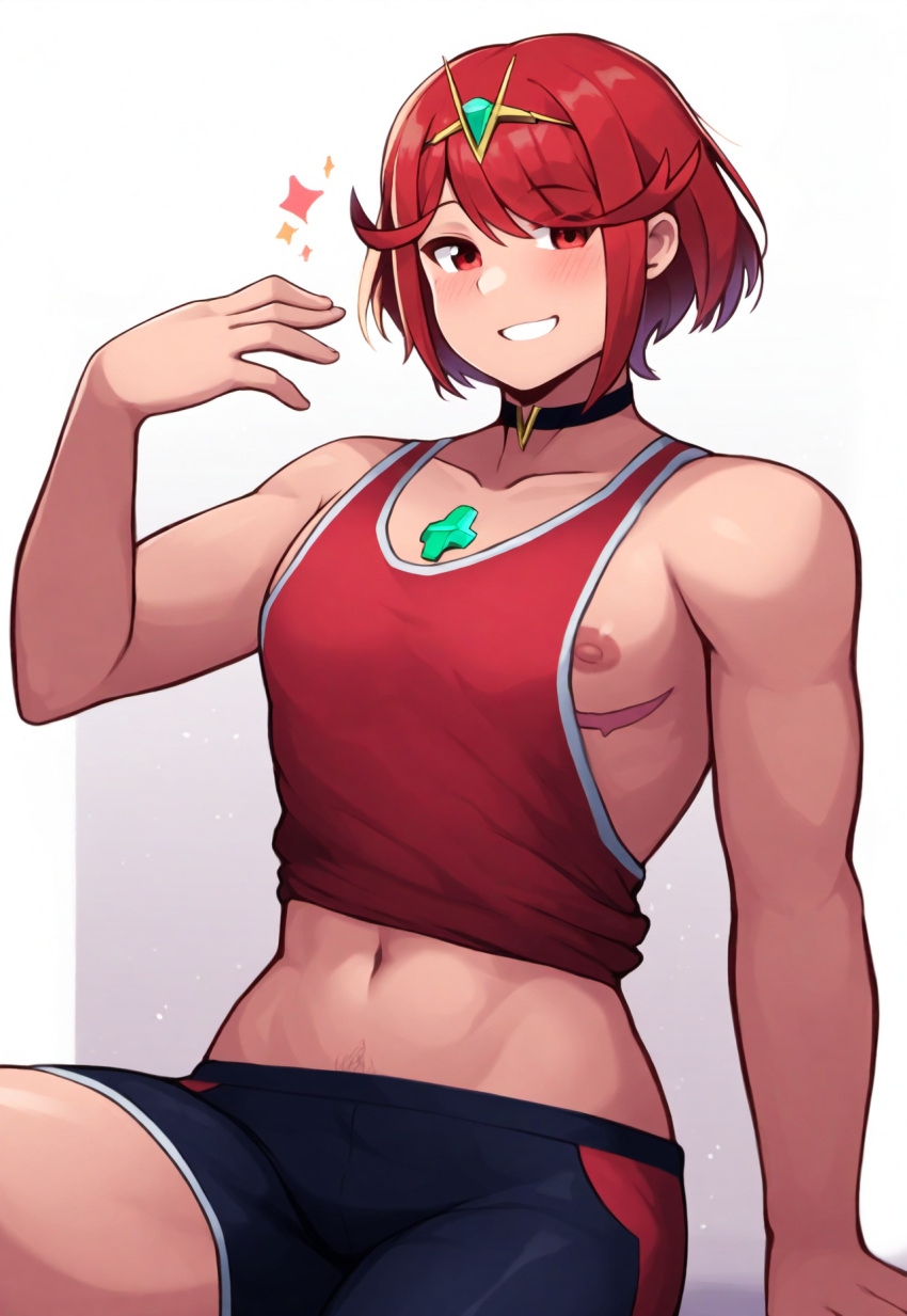 ai_generated basketball_uniform body_hair chest_jewel choker core_crystal_(xenoblade) flat_chest gender_transformation genderswap_(ftm) mastectomy_scar muscular_male nipples oversized_clothing oversized_shirt oversized_topwear pyra pyra_(xenoblade) red_eyes red_hair robofun rule_63 shorts side_less_clothing smile solo sportswear tank_top tiara toned_male xenoblade_(series) xenoblade_chronicles_2