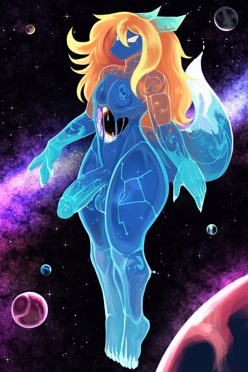 2024 anthro balls biped black_hole blue_body claws cosmic_being digital_media_(artwork) erection femboy finger_claws genitals hair hi_res horn humanoid_genitalia humanoid_penis male male_only mouthless nebula nude_anthro nude_male orange_hair oro97 penis scalie solo space