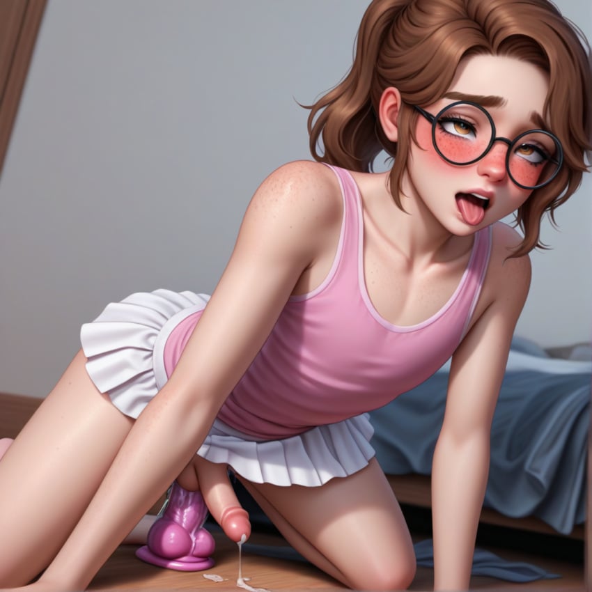 1boy 1femboy ai_generated brown_eyes brown_hair bushy_eyebrows crossed_eyes cum cumming cute cute_clothing dildo dildo_in_ass dildo_insertion dildo_penetration dildo_riding emily_(lpyxel) eyes_crossed femboy flat_chest flat_chested freckles freckles_on_face girly glasses highres lpyxel miniskirt open_mouth orgasm orgasm_face original original_character pleated_skirt ponytail round_glasses self_upload sissy skirt small_penis tank_top thick_eyebrows
