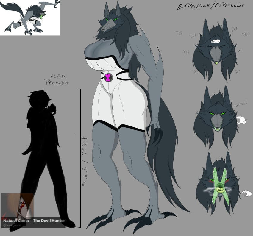 alien alien_girl anthro ben_10 blitzwolfer chaquetrix dark_claws dark_fur grey_skin huge_ass huge_breasts loboan nahuelconer reference_image split_jaw split_mouth tall taller_female thick_thighs wolf_girl