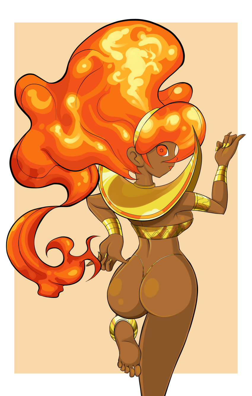 alternate_form ass back barefoot braid breasts capcom curvy dark-skinned_female dark_skin female fiery_hair fire gypsy highres hips legs long_hair midriff pepipopo power_stone red_eyes rouge_(power_stone) sideboob single_braid solo thong wide_hips