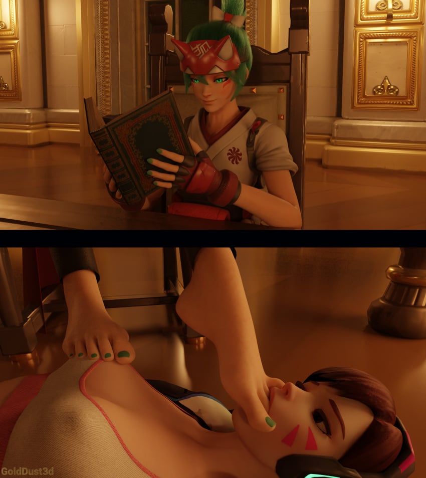 2girls 3d barefoot d.va domination female_only femdom foot_fetish foot_worship golddust3d green_toenails kiriko_(overwatch) overwatch overwatch_2 sucking_toes tagme toe_sucking toes yuri