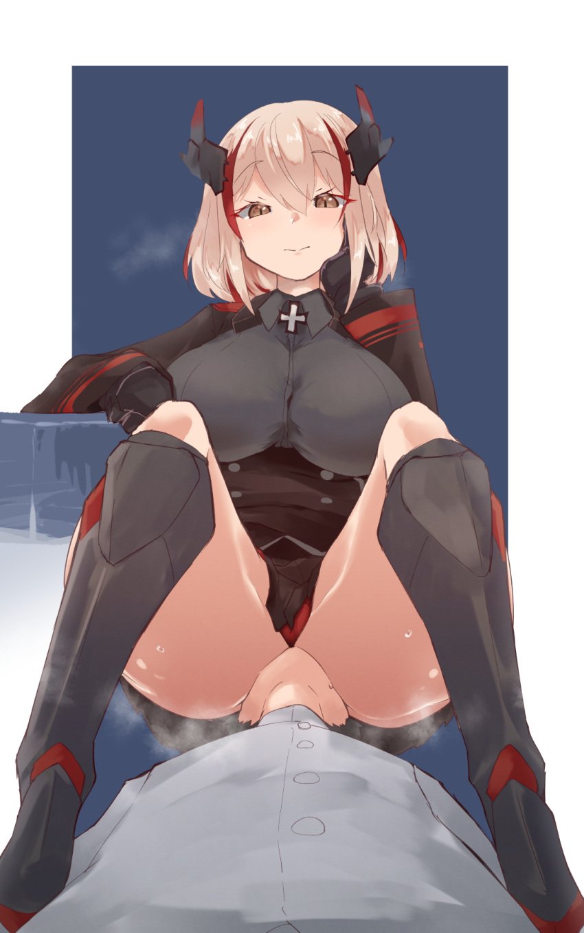 1boy 1girls ass_in_face azur_lane black_boots black_shirt blonde_hair brown_eyes button_down_shirt button_gap color colored commander_(azur_lane) face facesitting fat_ass female iron_blood_(azur_lane) iron_cross large_breasts long_boots male roon_(azur_lane) short_hair sitting_on_person straight unamused