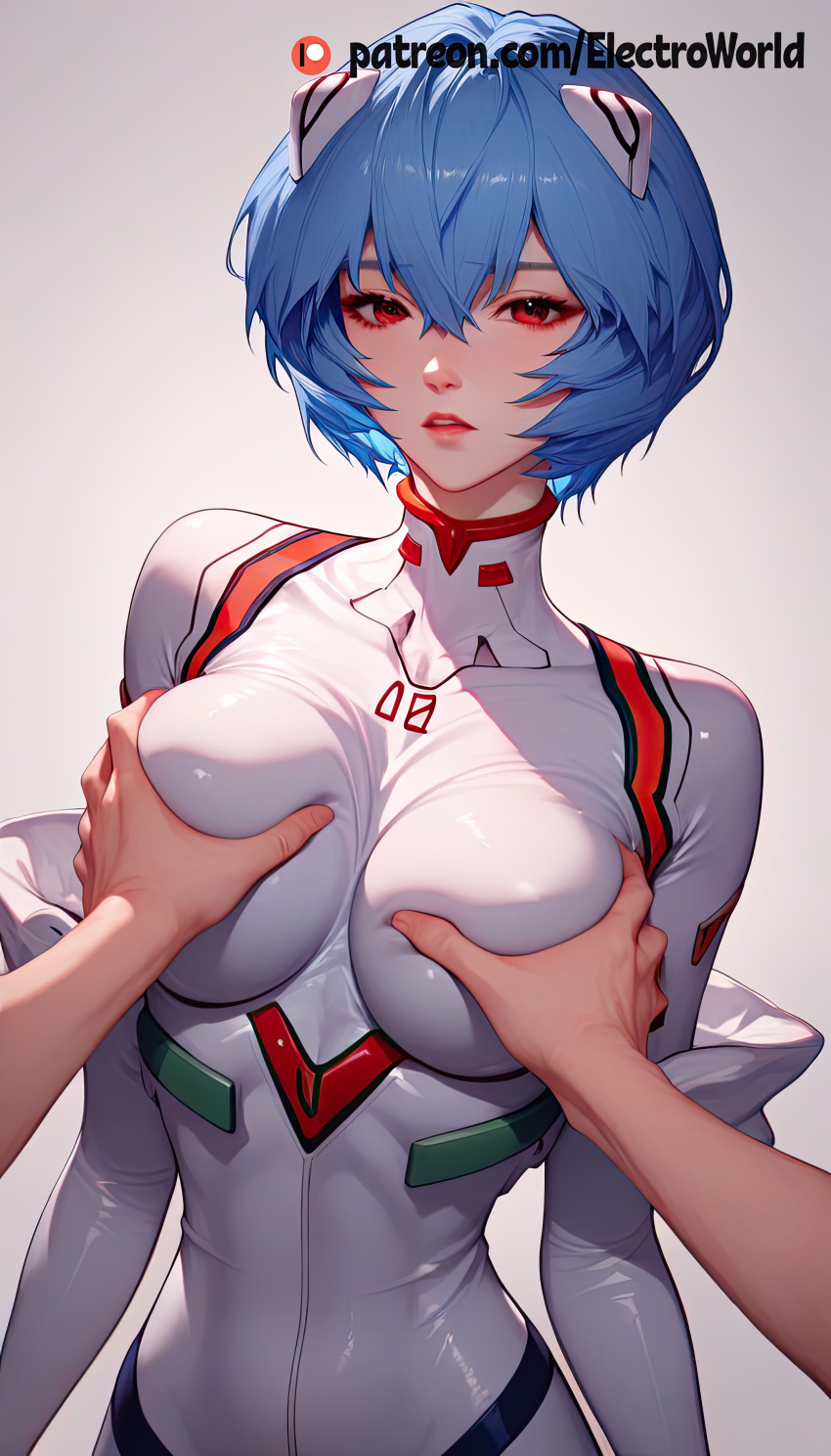 1boy 1girls ai_generated blue_hair breast_grab breasts electroworld female human neon_genesis_evangelion pale-skinned_female pale_skin pilot_suit plugsuit rei_ayanami short_hair shy