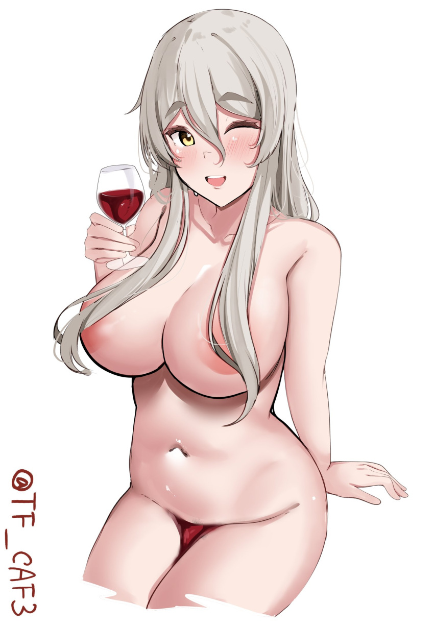 alcohol areola_slip blush breasts brown_eyes covered_nipples covered_pussy drunk female female_only grey_hair high_resolution highres kantai_collection large_breasts long_hair looking_at_viewer navel nude one_eye_closed open_mouth pola_(kantai_collection) sitting smile solo tf_cafe twitter_username wavy_hair white_background wine