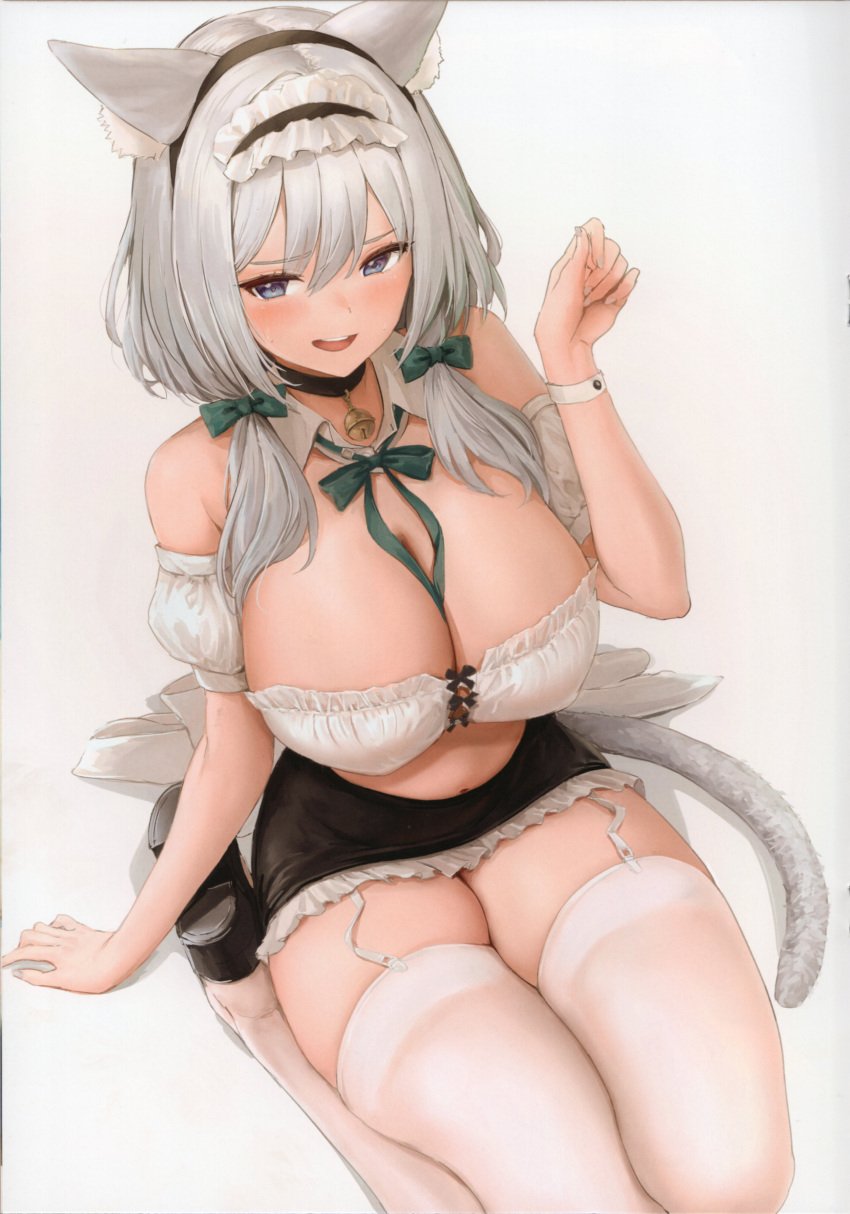 1girls absurd_res absurdres akita_hika akitahika44 animal_ear_fluff animal_ears animal_tail areola_bulge arm_support armband belly belly_button black_hairband black_shoes black_skirt blue_eyes blue_eyes_female blush blush blushing_female breasts cat_ears cat_tail cleavage curvy curvy_body curvy_female curvy_figure curvy_hips curvy_thighs dot_nose elbows female female_focus female_only fingernails fingers full_body garter_straps green_hair_ribbon green_ribbons hair_between_eyes hair_ribbon hairband hand_on_floor hand_on_ground hand_up high_resolution highres hourglass_figure knees large_breasts legs legs_together legwear leotard light-skinned_female light_skin long_hair looking_at_viewer maid maid_headdress maid_uniform navel nipple_bulge open_mouth open_mouth_smile original original_art original_artwork original_character original_characters ribbon shoes shoulders simple_background sitting sitting_on_floor sitting_on_ground sitting_on_knees skirt slender_body slender_waist slim_girl slim_waist smile smiling smiling_at_viewer solo stockings sweat sweatdrop thick_thighs thighhighs thighs thin_waist tongue topwear upper_teeth white_armband white_background white_cat_ears white_cat_tail white_eyebrows white_garter_straps white_hair white_hair_female white_hairband white_legwear white_leotard white_stockings white_thighhighs white_topwear wide_hips