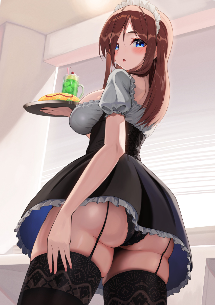 :o alternate_breast_size alternate_hairstyle apron ass black_dress black_panties black_skirt black_thighhighs blue_eyes bottom_heavy breasts brown_hair cafe dress drink female food go-toubun_no_hanayome highres hiyoku holding holding_plate large_ass large_breasts long_hair looking_back maid maid_apron maid_headdress nakano_miku omelet omurice one_eye_covered panties plate serving_drink serving_food serving_tray short_sleeves sideboob skirt thighhighs thighs underwear waitress white_dress