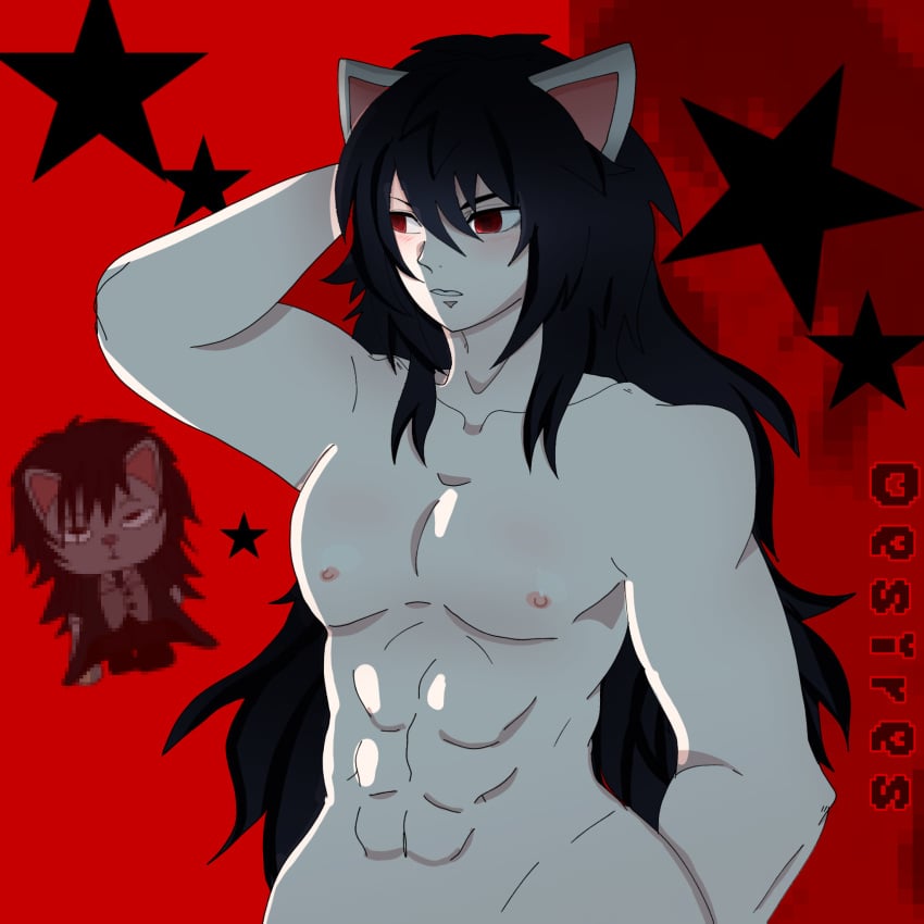 1boy black_hair buff eluca_(pretty_blood) male pretty_blood red_eyes serious_look shirtless_male