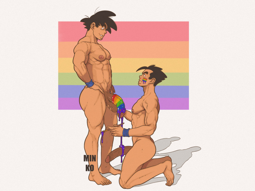 2boys boner dragon_ball dragon_ball_z erection father_and_son flaccid fondling_balls gay_pride gay_pride_colors huge_balls huge_cock incest male_only minkoni2 nude pride pride_colors son_gohan son_goku yaoi