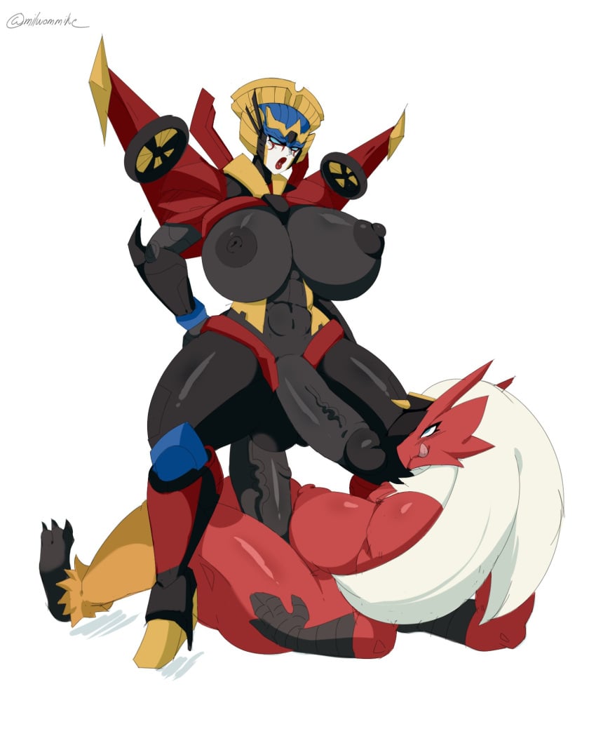 2futas alternate_breast_size anthro areolae black_skin blaziken breasts breasts_bigger_than_head breasts_out chicken chicken_girl crossover cybertronian duo erection futa_on_futa futa_only futanari geisha hasbro helmet huge_breasts huge_cock humanoid humanoid_penis hung_bottom hung_futanari milwommike nintendo nipples nude on_back penis pokemon pokemon_(species) pokemon_rse pokephilia red_facial_markings red_lipstick robot robot_girl robot_humanoid transformers weird_crossover white_face windblade wings