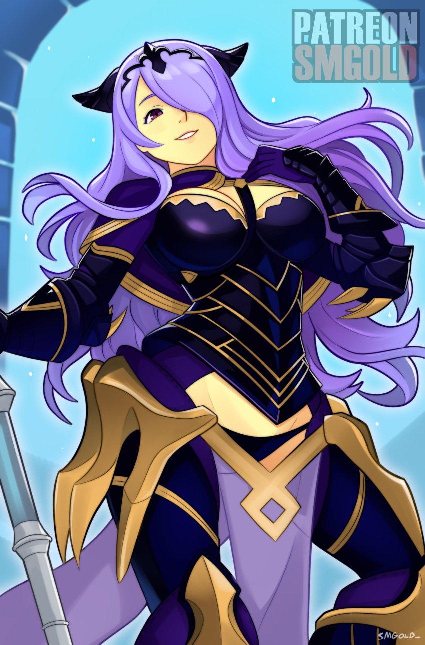 1girls absurdres armor artist_name bare_thighs black_armor black_panties breasts camilla_(fire_emblem) cleavage cowboy_shot female female female_only fire_emblem fire_emblem_fates gauntlets gloves groin hair_ornament hair_over_one_eye highres holding holding_weapon inner_thighs large_breasts long_hair looking_at_viewer nintendo panties purple_eyes purple_hair smgold smile solo thighs tiara underwear very_long_hair wavy_hair weapon