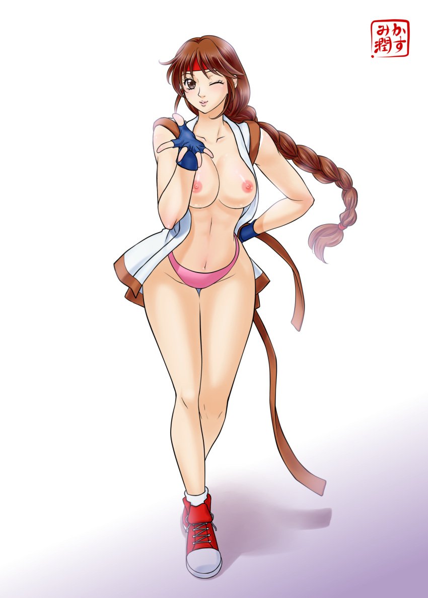 1girls art_of_fighting big_breasts blowing_kiss braid breasts brown_hair busty converse cute female female_only fingerless_gloves hand_on_hip junkasumi110 karate_gi king_of_fighters large_breasts legs long_hair looking_at_viewer navel nipples one_eye_closed open_clothes partially_clothed pink_panties pose posing puckered_lips shoes sneakers thighs thong wink winking_at_viewer yuri_sakazaki