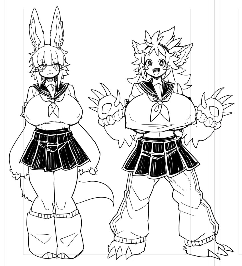 2girls :3 alternate_breast_size alternate_costume animal_ears anthro big_breasts claws female female_only full_body fully_clothed fur huge_breasts lagomorph_humanoid leg_warmers line_art long_hair long_tail looking_at_viewer made_in_abyss mitty monochrome monster_girl nanachi narehate pawpads paws rabbit_ears ranaecho school_uniform schoolgirl serafuku short_hair short_hair_with_long_locks smiles standing tail track_pants underboob whiskers