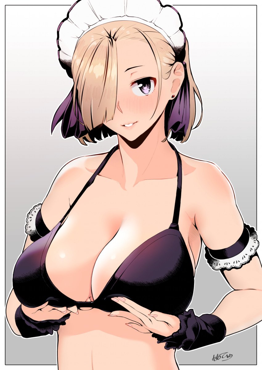 1girls absurd_res absurdres armband belly black_armband black_bra black_gloves black_underwear blonde_female blonde_hair blonde_hair blonde_hair_female blush blush blush_lines blushing_female bra breasts cleavage collarbone dot_nose ear_piercing elbows female female_focus female_only fingernails fingers gloves hair_ribbon half_naked hand_on_breast hand_on_chest hand_on_own_breast hand_on_own_chest hands_under_breasts head_tilt high_resolution highres hourglass_figure large_breasts light-skinned_female light_skin lips looking_at_viewer maid_headdress nail nail_polish naked naked_female nanahime nude nude_female original original_art original_artwork original_character original_characters parted_bangs pink_fingernails pink_nail pink_nail_polish purple_eyes purple_eyes_female purple_hair_ribbon purple_ribbon ribbon short_hair shoulders simple_background slender_body slender_waist slim_girl slim_waist smile smiling smiling_at_viewer solo standing thin_waist tilted_head underwear upper_body white_background wide_hips