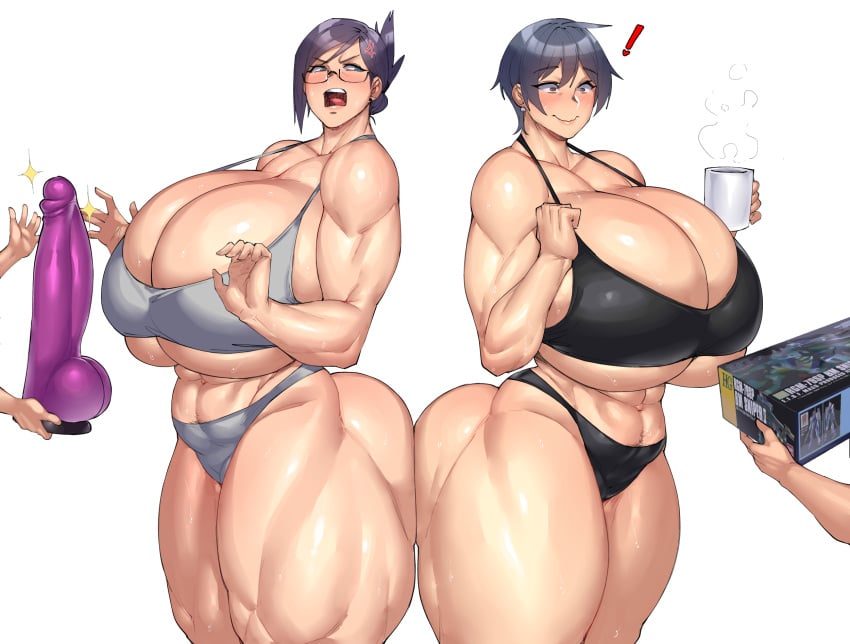 2girls anger_vein ass_to_ass big_dildo big_sex_toy bimbo bimbo_body breasts_bigger_than_head dildo gigantic_ass gigantic_breasts gigantic_butt gigantic_dildo gigantic_penis gigantic_thighs glasses gunpla huge_breasts huge_dildo hyper_breasts kazusa_(natedecock) milf muscular_female natedecock natsumi_(natedecock) pervert pervert_female present sex_toy thong