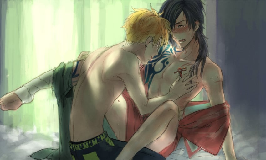 2boys bandage between_legs dramatical_murder hair_over_one_eye koujaku nitro+_chiral noiz_(dramatical_murder) pants_around_one_leg piercing scar tattoo topless yaoi