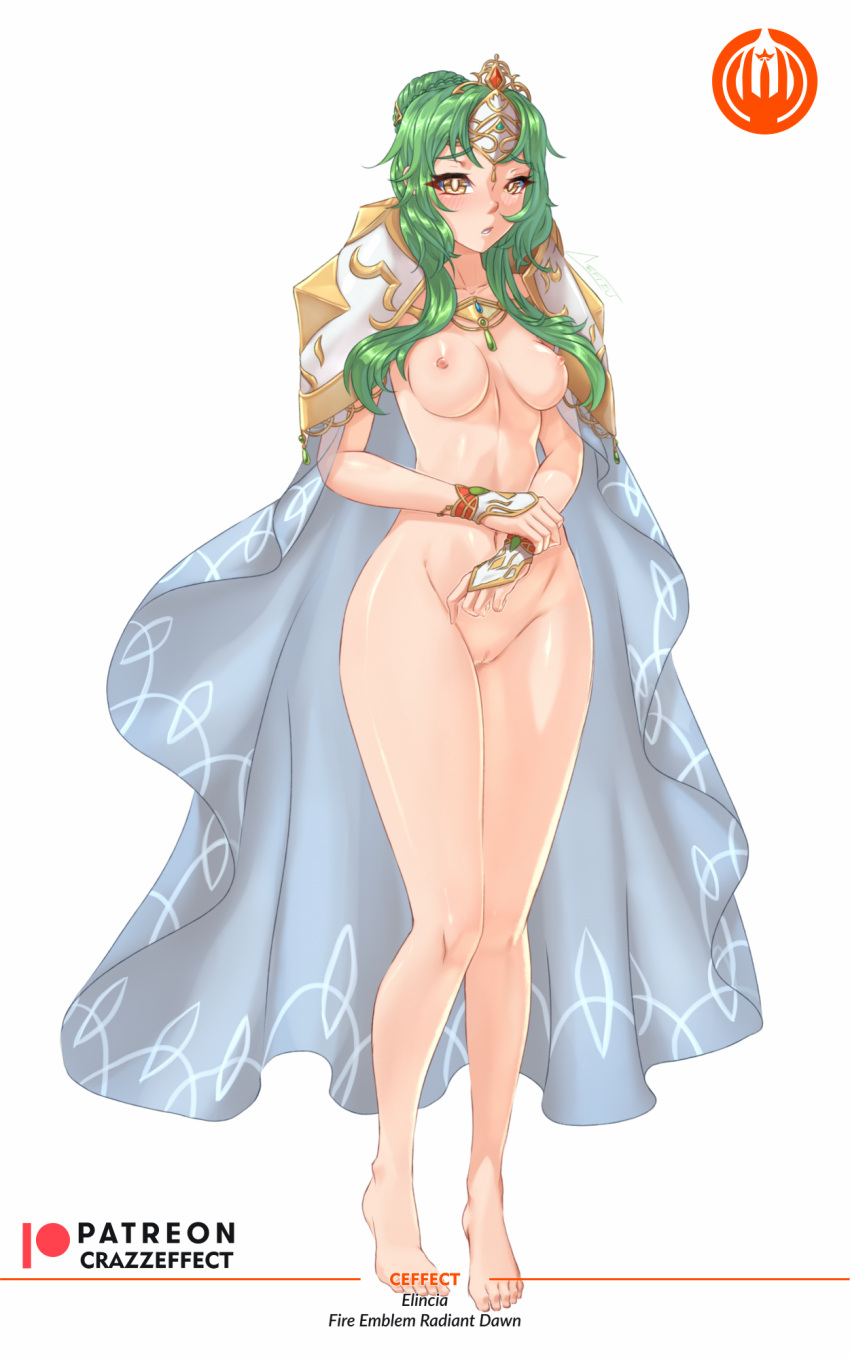 1girls alternate_costume bare_arms bare_legs barefoot breasts cape censored crazzeffect elincia_ridell_crimea elincia_ridell_crimea_(undaunted_queen) female female_only fire_emblem fire_emblem:_path_of_radiance fire_emblem:_radiant_dawn fire_emblem_heroes full_body green_hair legs long_hair looking_at_viewer medium_breasts naked_cape nintendo nude nude_female official_alternate_costume pussy shoulder_pads sidelocks solo white_background yellow_eyes