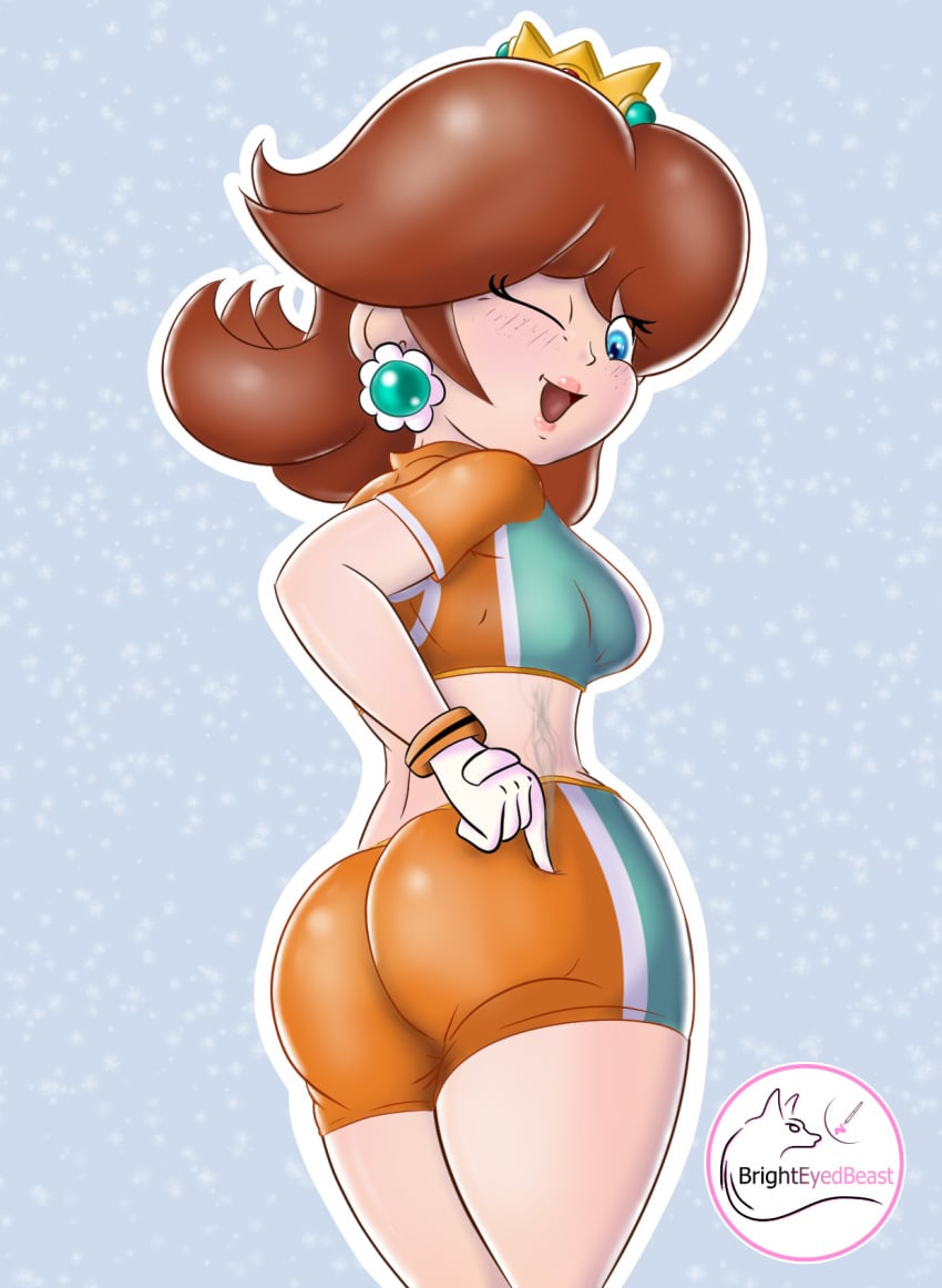 1girls ass brighteyedbeast daisy's_hot_stuff_(trend) female female_only mario_(series) mario_strikers meme orange_shorts princess_daisy screenshot_redraw super_mario_bros.