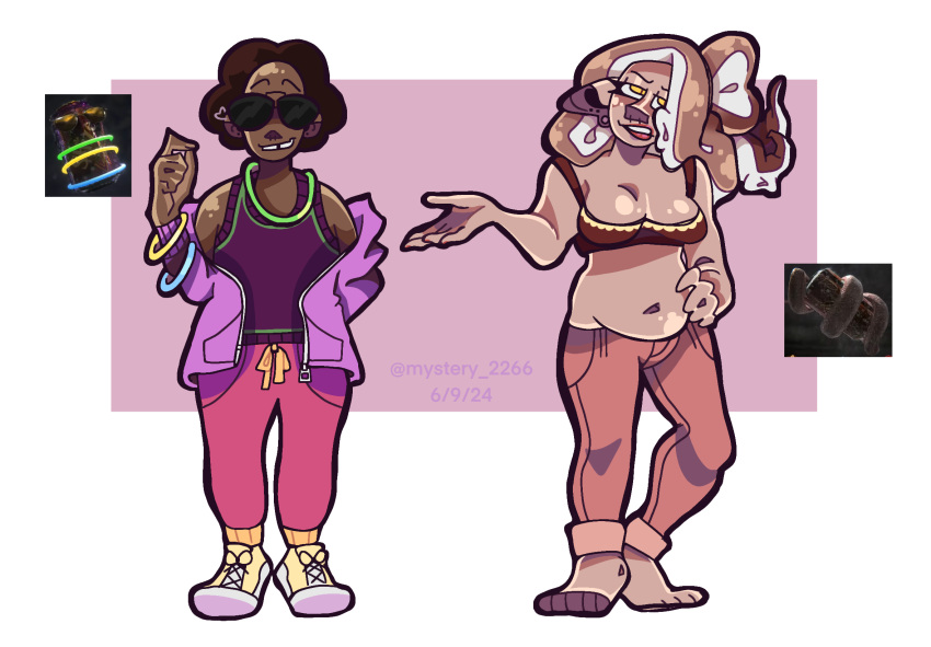 1boy 1boy1girl 1girl 2024 boy breasts cleavage clothing color cute dark-skinned_male dark_skin digital_media_(artwork) eyewear full_body gijinka girl light_skin liquorliscious_(onlycans:_thirst_date) mystery2266 onlycans:_thirst_date open_mouth poofy_hair raw_meat_(onlycans:_thirst_date) standing tentacle_hair toony tooth_gap yellow_eyes