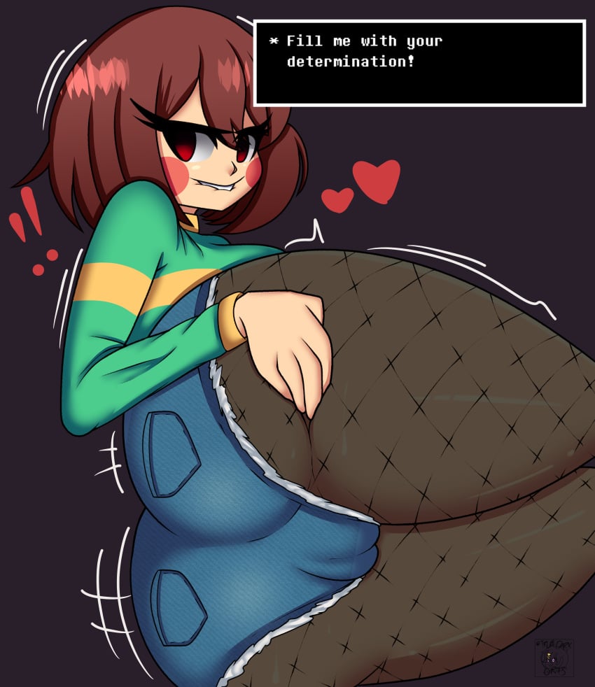 1girls 2d alternate_version_available ass ass_focus biting_lip brown_hair chara dialogue english_text female female_only fishnets heart human human_female human_only jean_shorts looking_at_viewer looking_back on_side red_eyes rosy_cheeks shorts side_view solo spread_anus spread_ass spreading sweater talking talking_to_viewer text text_box thong tights truedarkorts undertale undertale_(series)