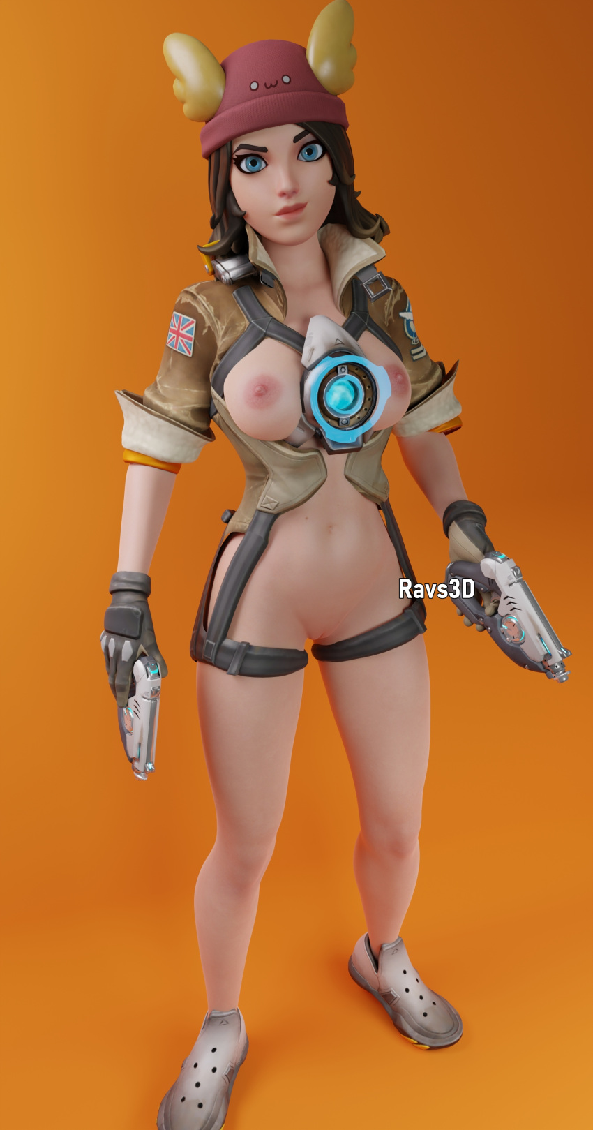 1girls 3d blender blue_eyes bottomless breasts brown_hair cosplay female fortnite fortnite:_battle_royale full_body guns hat legs orange_background pussy ravs3d semi_nude shoes short_hair skye_(fortnite) smile solo thighs tracer_(cosplay)