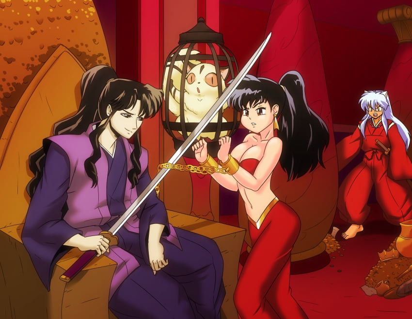 aladdin aladdin_(1992_disney_film) angry_face belly_dancer_outfit chained_wrists chains cleavage inuyasha inuyasha_(character) kagome_higurashi kirara naraku ponytail princess_jasmine_(cosplay) red_pants smug_face struggling wadevezecha