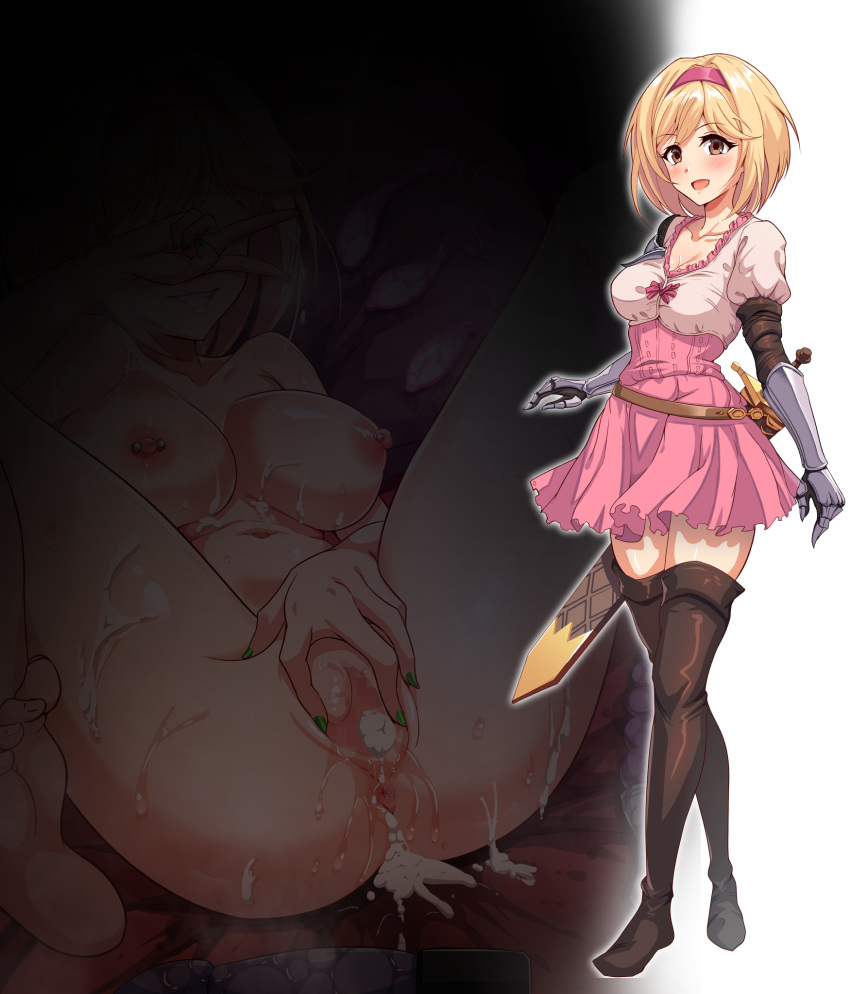 1girls after_sex blonde_hair boots breasts brown_eyes butt_plug censored cleavage collarbone commentary_request completely_nude condom covering_own_eyes cum cum_in_pussy cum_on_body cum_on_breasts djeeta_(granblue_fantasy) dress female full_body gauntlets granblue_fantasy hairband highres hitachi_magic_wand lying mosaic_censoring multiple_views nipple_piercing nude on_back on_bed piercing pink_dress pussy red_hairband scabbard sex_toy sheath sheathed short_hair smirk spread_legs spread_pussy sword thigh_boots used_condom v vibrator weapon white_dress yumejidake