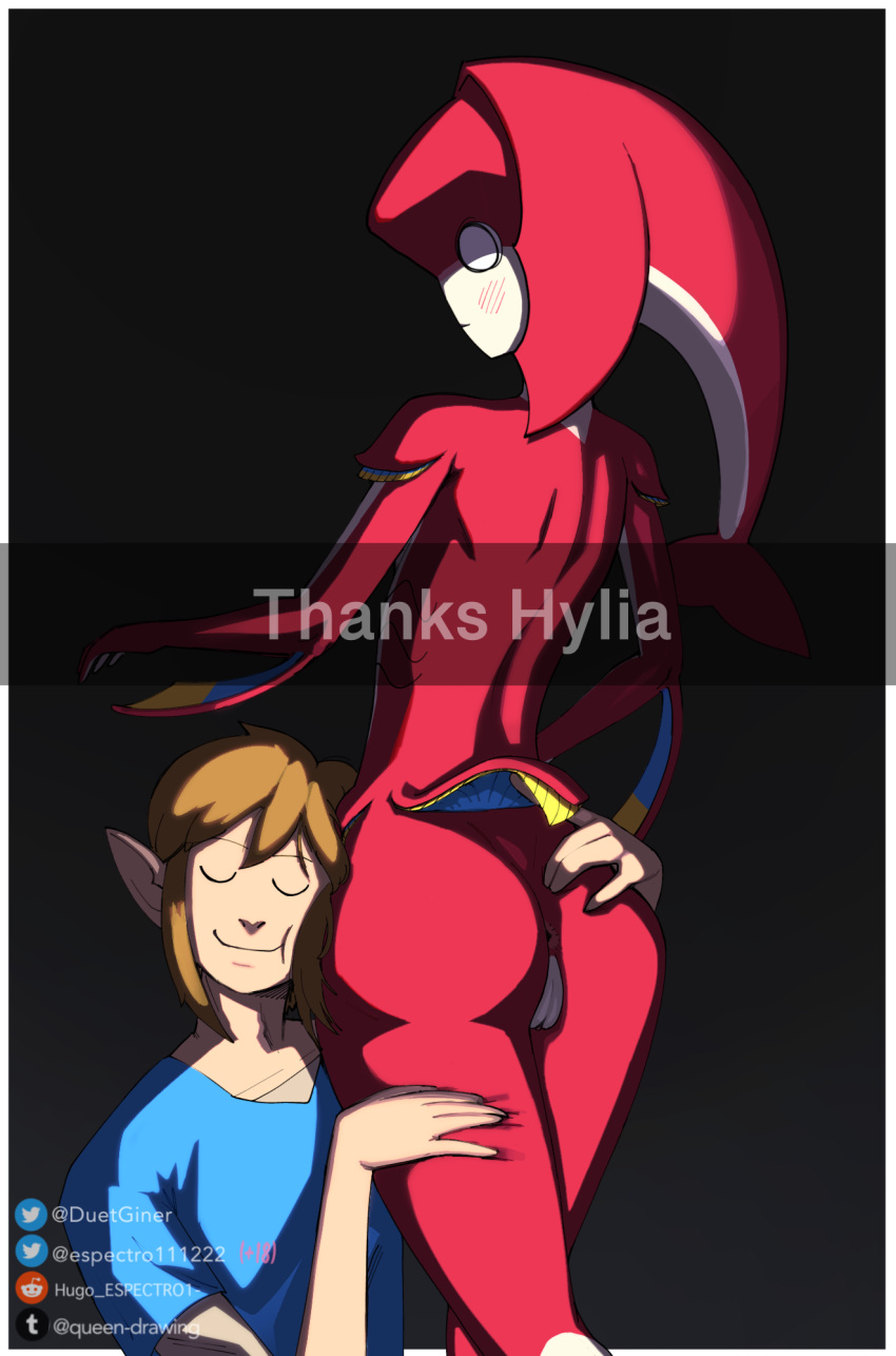 1boy 1girls anus asshole back_pussy big_ass big_thighs breath_of_the_wild female fish fish_girl from_behind grabbing_ass grabbing_from_behind happy head_on_ass link link_(breath_of_the_wild) male meme meme_attire mipha pussy pussy_from_behind small_breasts smaller_female squish squished_ass text text_box thank_god the_legend_of_zelda twitter_username u/hugo_espectro1- zora