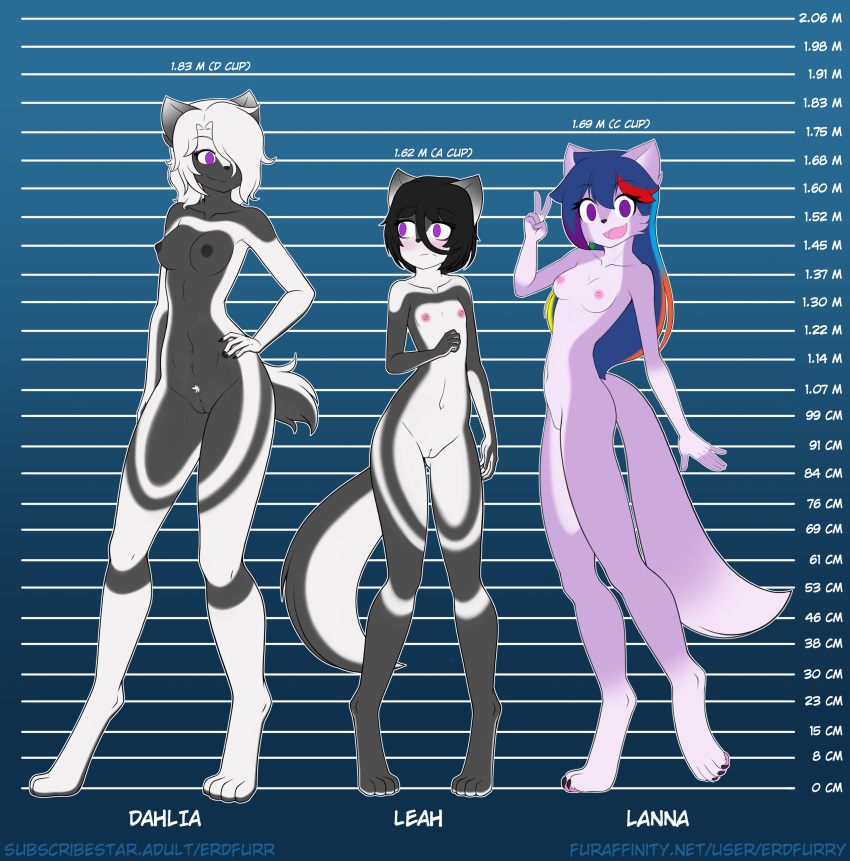 absurd_res breasts canid canine canis dahlia_(erdfurry) erdfurry female flat_chested genitals grey_body group hi_res lanna_(erdfurry) leah_(erdfurry) mammal mature_female model_sheet multicolored_body nipples nude purple_body pussy trio wolf