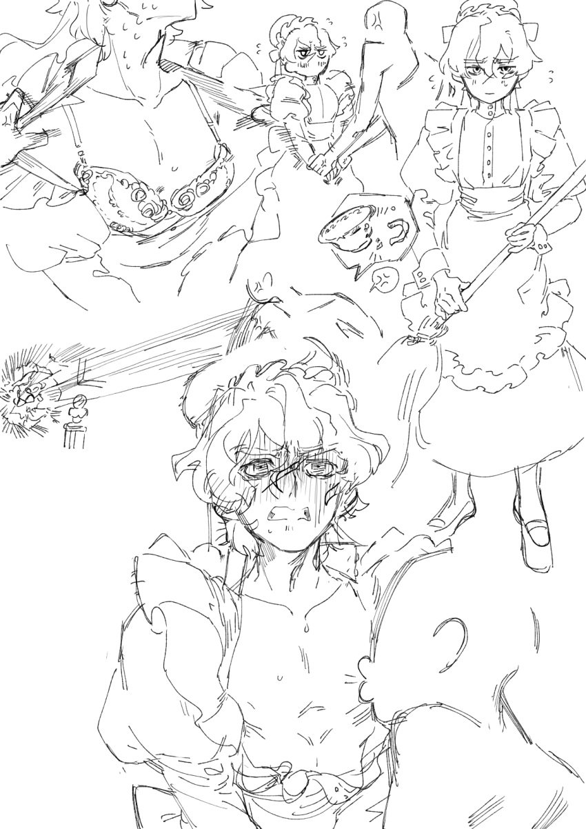 2boys anon blush bra clenched_teeth crossover embarrassed facial_hair femboy flustered gay gintama maid maid_uniform male male_only monochrome nervous nipple_suck oboro_(gintama) open_shirt oyunoumi sketch sketch_page solo_focus sucking_nipples sweat twink yaoi