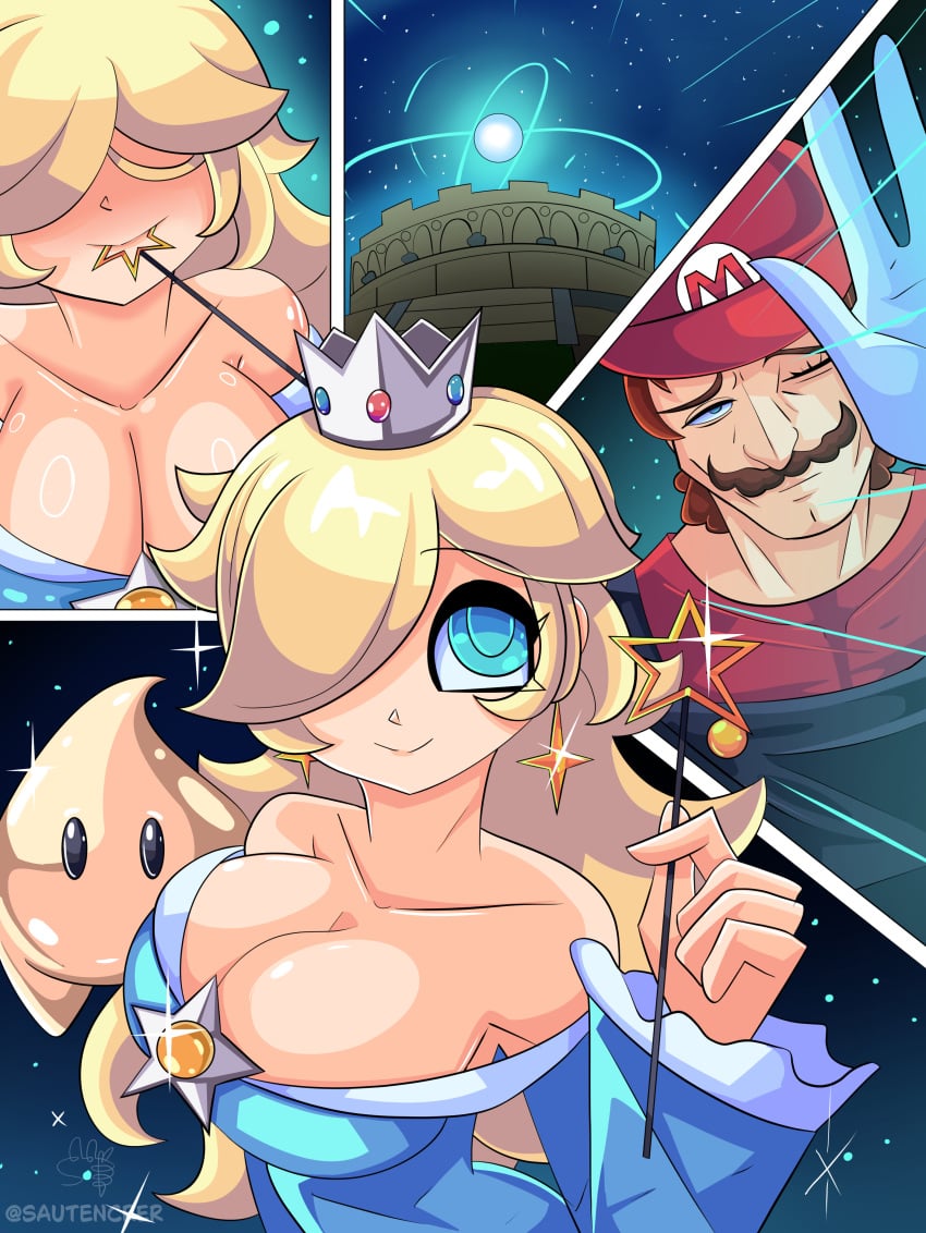 1girls absurd_res absurdres big_breasts blonde blonde_female blonde_hair blue_eyes breasts cleavage crown dress female female_focus hair_over_eyes large_breasts long_hair luma mario mario_(series) outdoors panels princess_rosalina sautencrer sky stars super_mario_galaxy tagme wand yellow_hair