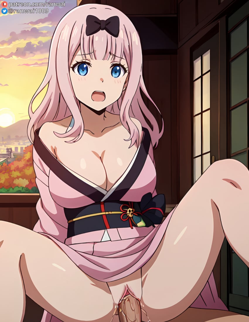 1boy 1girls ai_generated anime blue_eyes bondage cowgirl_position female fujiwara_chika human kaguya-sama_wa_kokurasetai_~tensai-tachi_no_renai_zunousen~ kimono large_breasts male pink_hair pussy ranwai sex stable_diffusion uncensored vaginal_penetration vaginal_sex