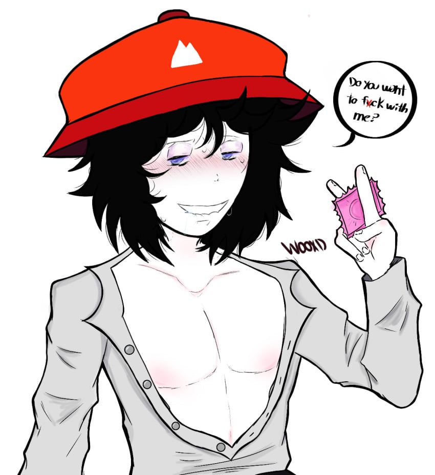 1boy biting_lip blush bucket_hat condom el_cool_p_(incredibox) incredibox messy_hair nipples no_visible_genitalia polo_(incredibox) skinny smile sweat unbuttoned_shirt v_sign white_background