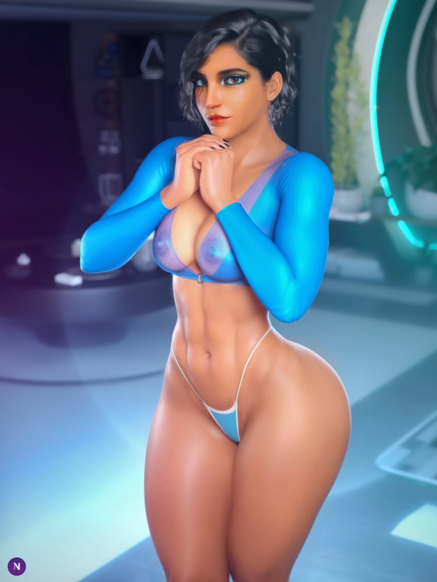 3d abs belly_button big_ass black_hair brown_eyes brown_skin female_focus female_only hips indoors looking_at_viewer makeup muscular muscular_female noahgraphicz overwatch overwatch_2 painted_nails panties pharah revealing_clothes see-through see-through_clothing see-through_top short_hair solo solo_female standing toned toned_body toned_female toned_stomach wide_hips