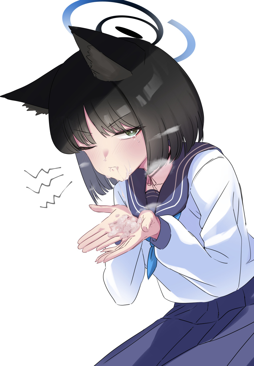 absurdres animal_ears black_choker black_hair black_halo black_sailor_collar blue_archive blue_halo blue_skirt bright_pupils cat_ears choker closed_mouth cum cum_on_hands cupping_hands facial female haizen_(8izn) halo highres kikyou_(blue_archive) long_sleeves looking_at_viewer one_eye_closed own_hands_together sailor_collar shirt short_hair simple_background skirt solo tearing_up white_background white_pupils white_shirt